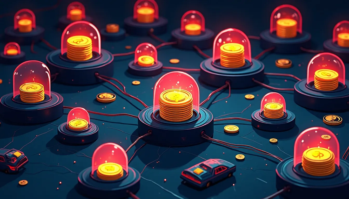 Network nodes with tokens locked in validator containers representing proof-of-stake mechanism