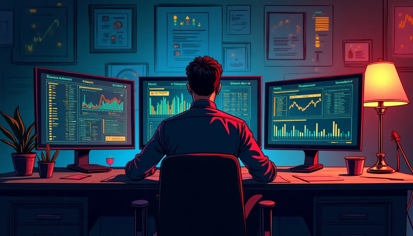 Person reviewing cryptocurrency staking options on multiple monitors displaying validator data