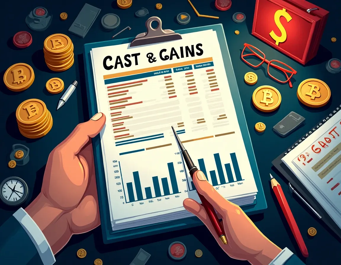 Spreadsheet displaying crypto cost basis tracking with acquisition dates and gains