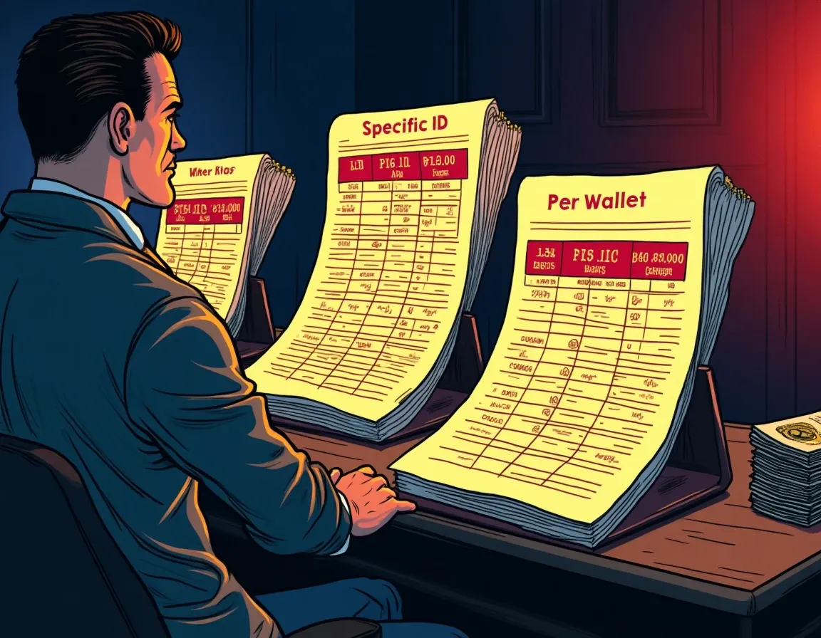 Three ledgers showing FIFO, Specific ID, and Per-Wallet cost basis methods for crypto lots