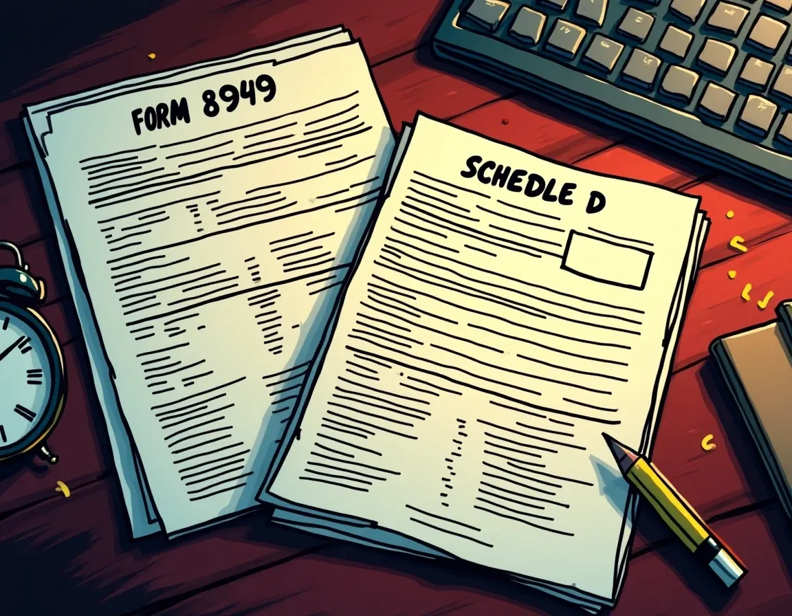 IRS Form 8949 and Schedule D documents with crypto capital loss calculations
