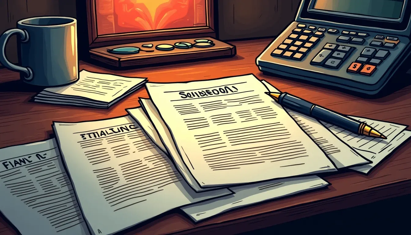 Tax forms and financial documents spread on desk with calculator and pen