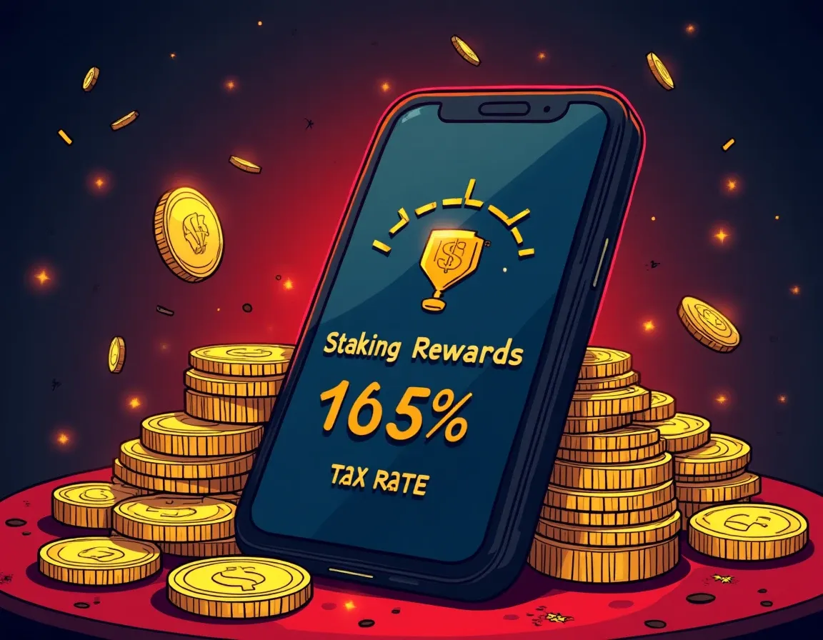 Mobile cryptocurrency wallet displaying staking rewards with ordinary income tax rate calculation