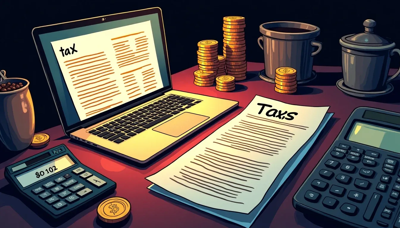 Tax documents, calculator, and cryptocurrency coins arranged on desk for filing