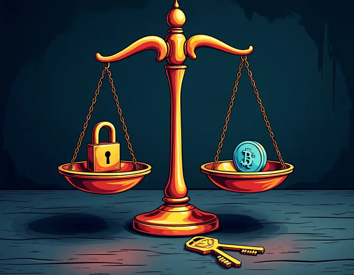 Security-access tradeoff represented by hardware key and DeFi tokens on opposite sides of balance scale
