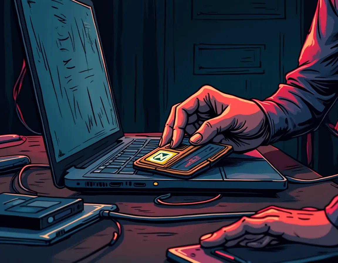 Hardware wallet device paired with laptop for cold storage transaction signing verification
