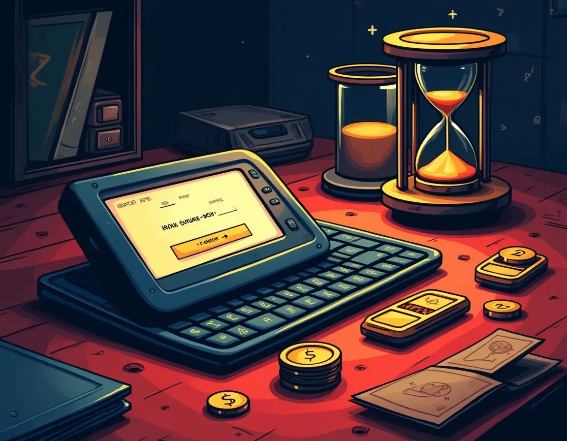 Hardware wallet with confirmation buttons beside hourglass representing signing speed trade-off