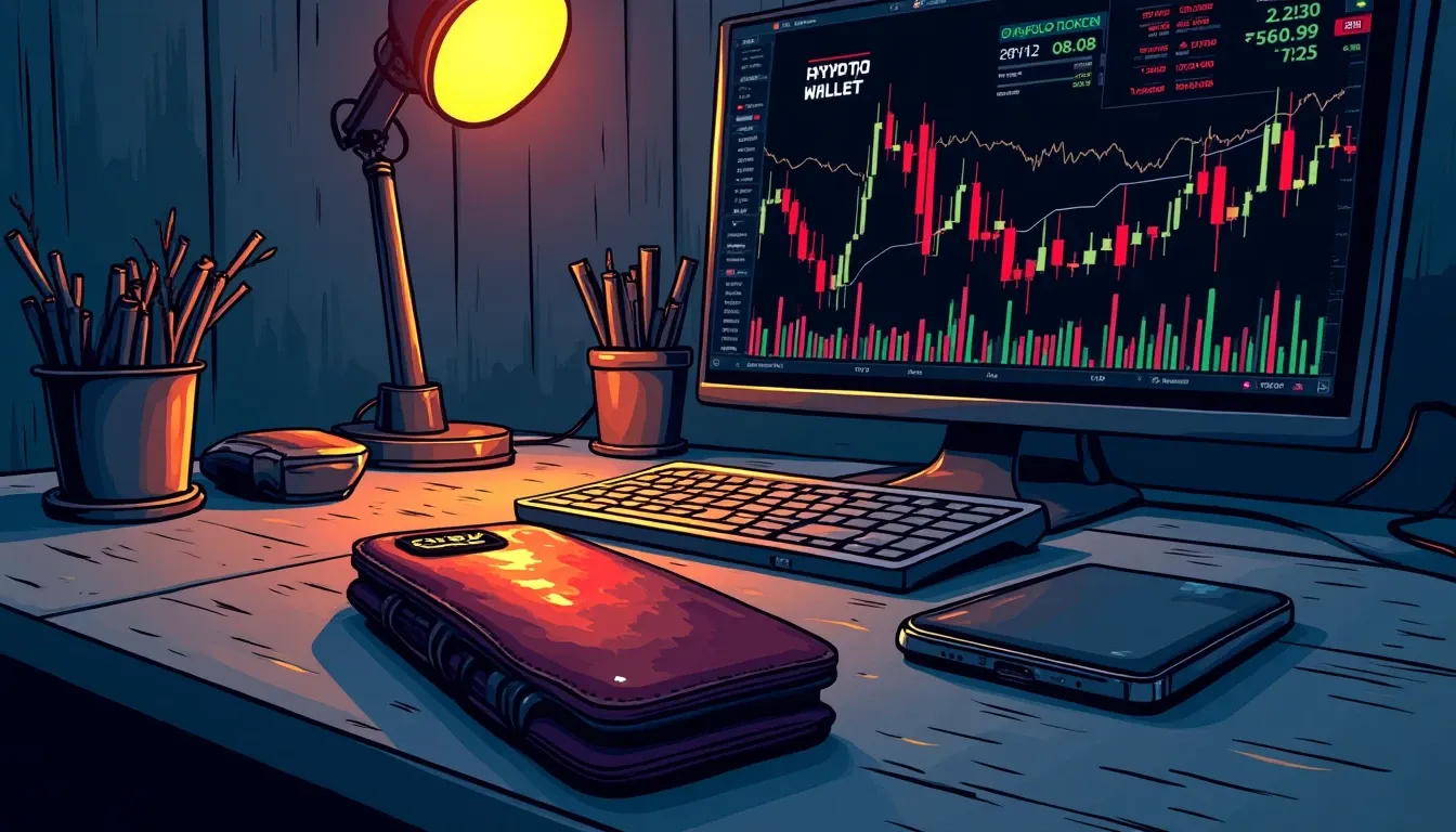 Hardware and mobile crypto wallets arranged on desk with blockchain network display