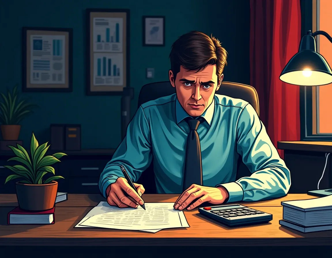 Individual managing personal finances and cash flow with documents and calculator during market downturn