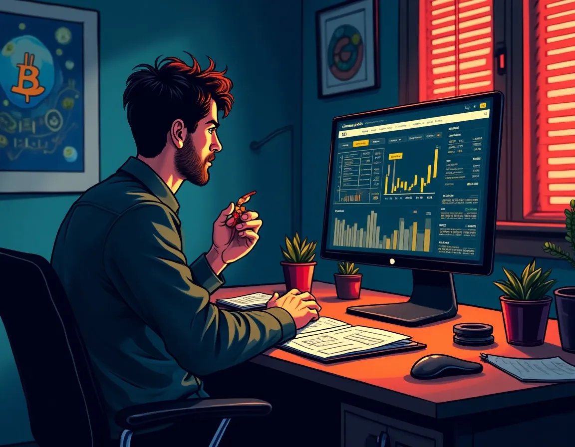 Trader reviewing diversified crypto portfolio allocation strategy on computer with written investment thesis