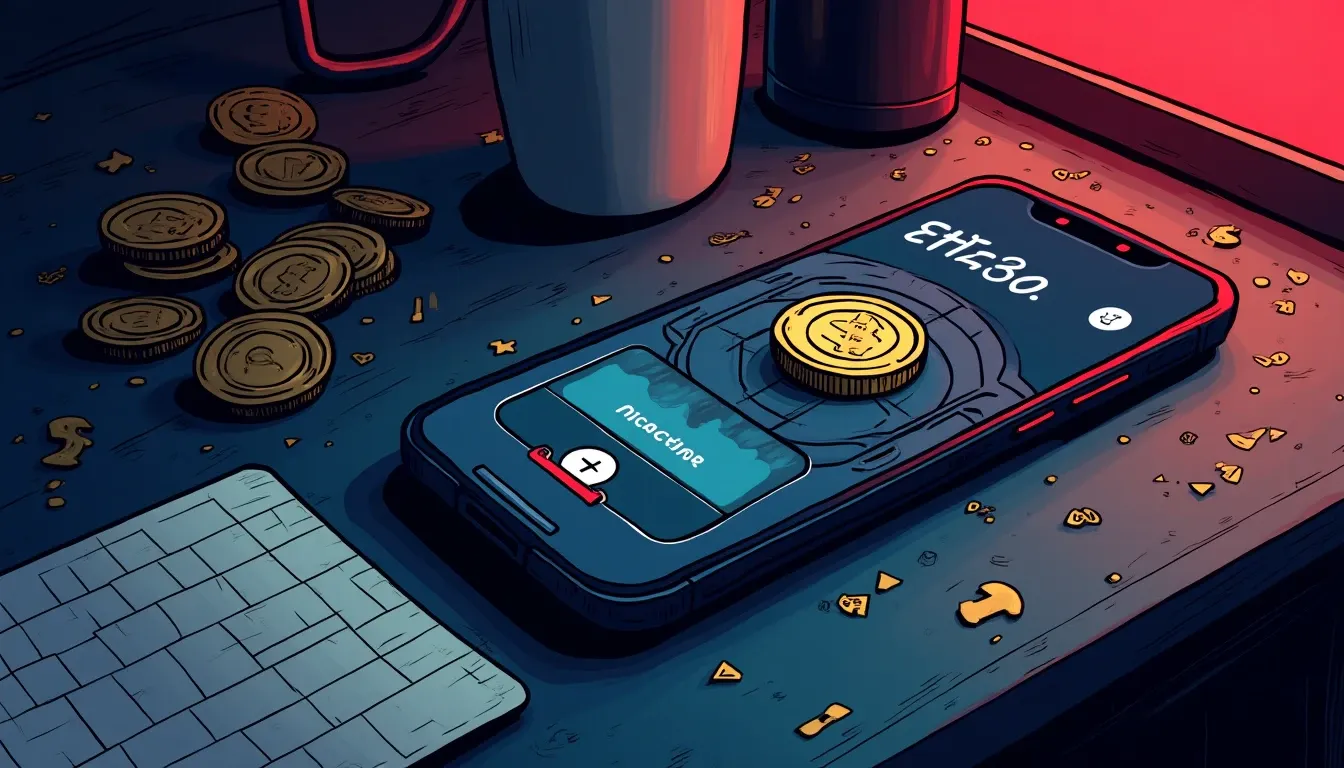Hardware and software cryptocurrency wallet devices on a desk with smartphone