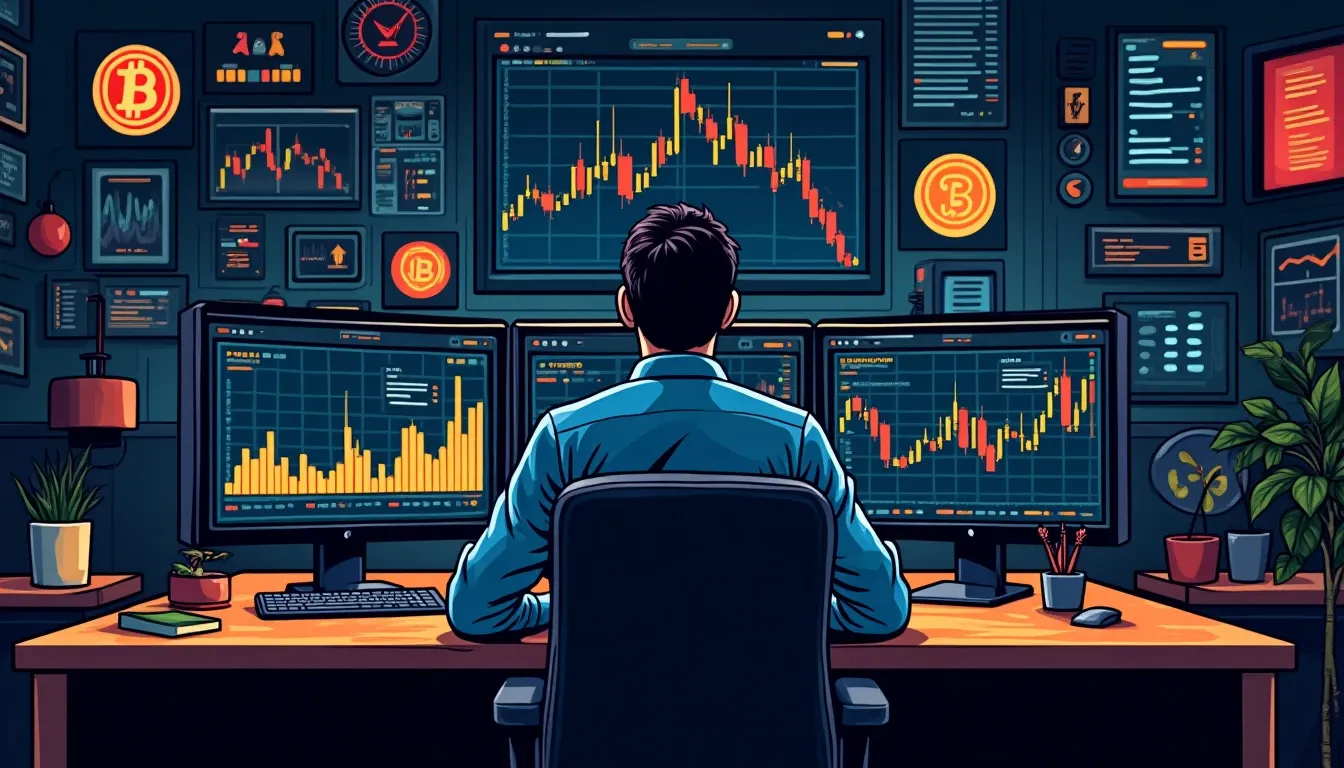 Financial analyst examining multiple computer screens displaying liquidity pool data and blockchain transaction records