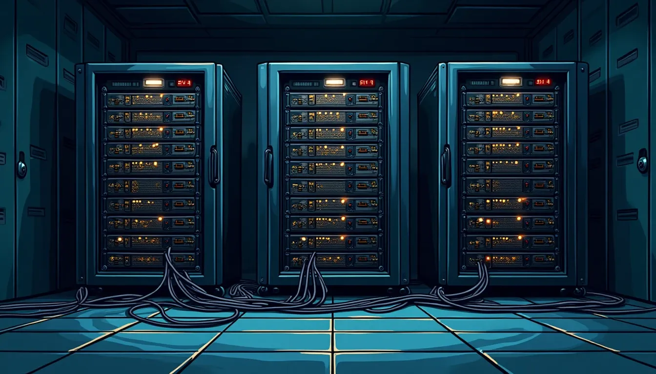 Empty server racks with disconnected cables representing vanished DeFi position data