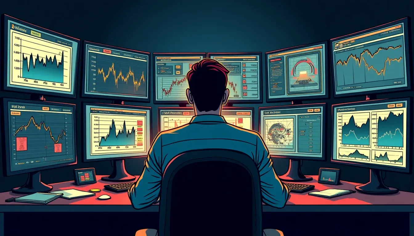 Trader reviewing real-time yield data on multiple computer monitors at desk