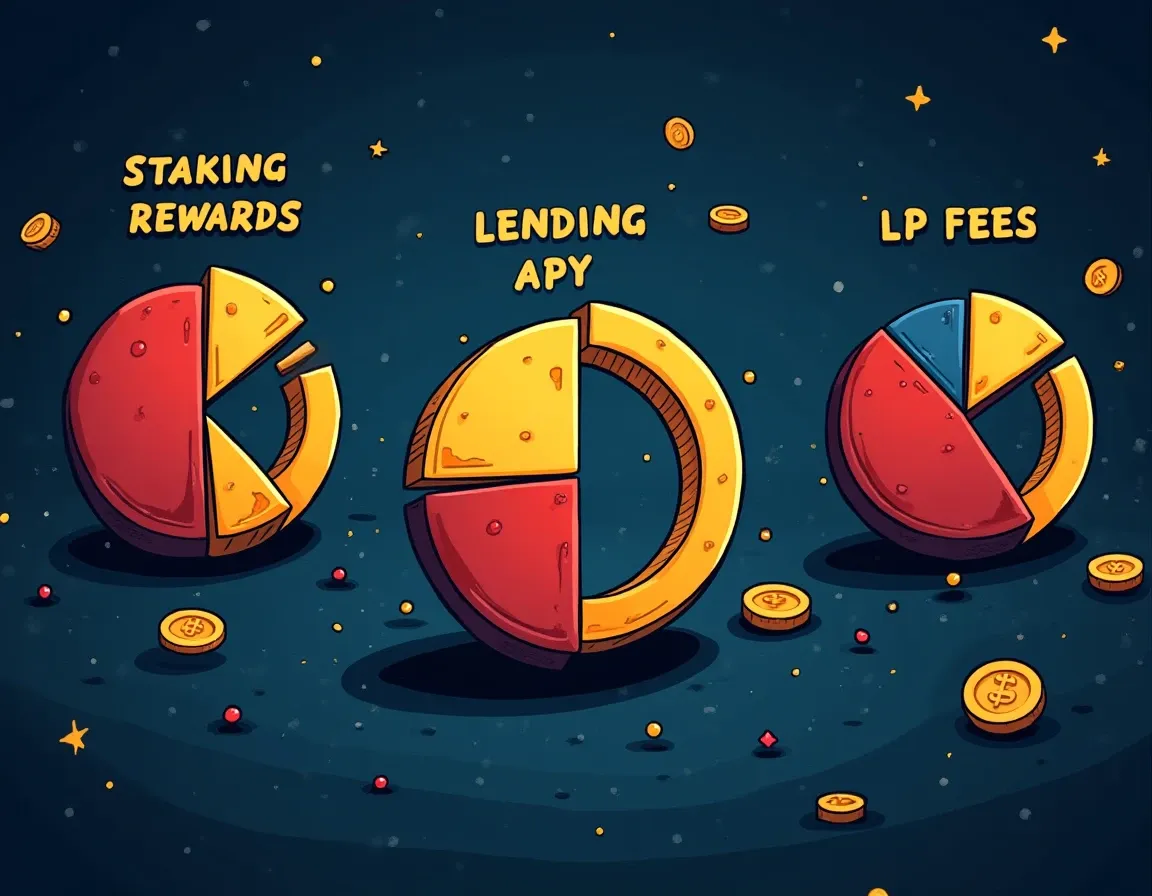 Three pie charts showing staking rewards, lending APY, and liquidity provider fee rate compositions