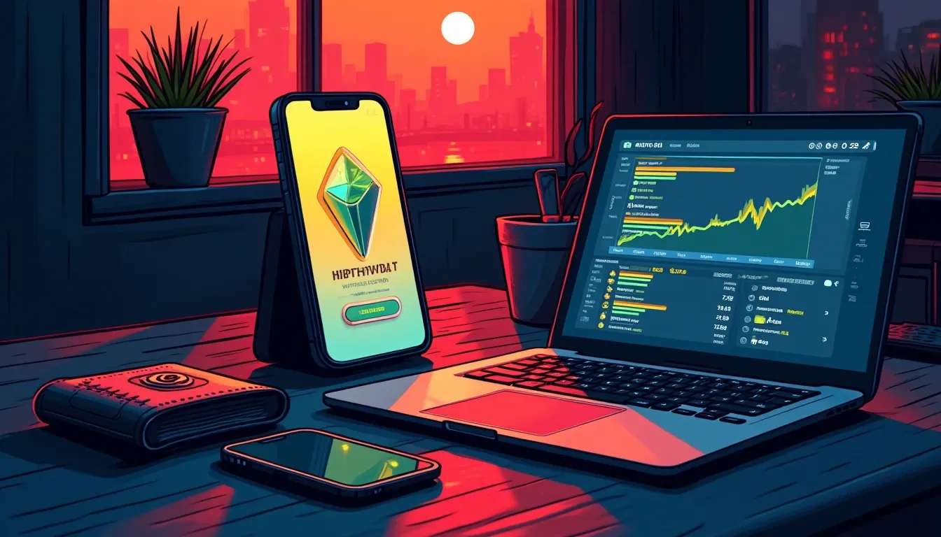 Smartphone displaying cryptocurrency wallet interface with hardware wallet and laptop on desk