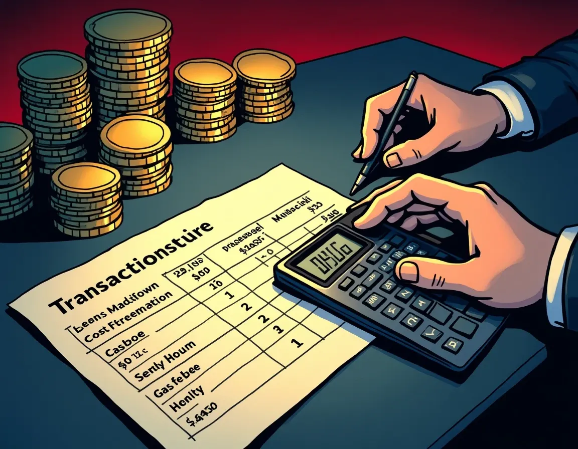 Calculator with gas fee threshold charts and transaction cost breakdown documents
