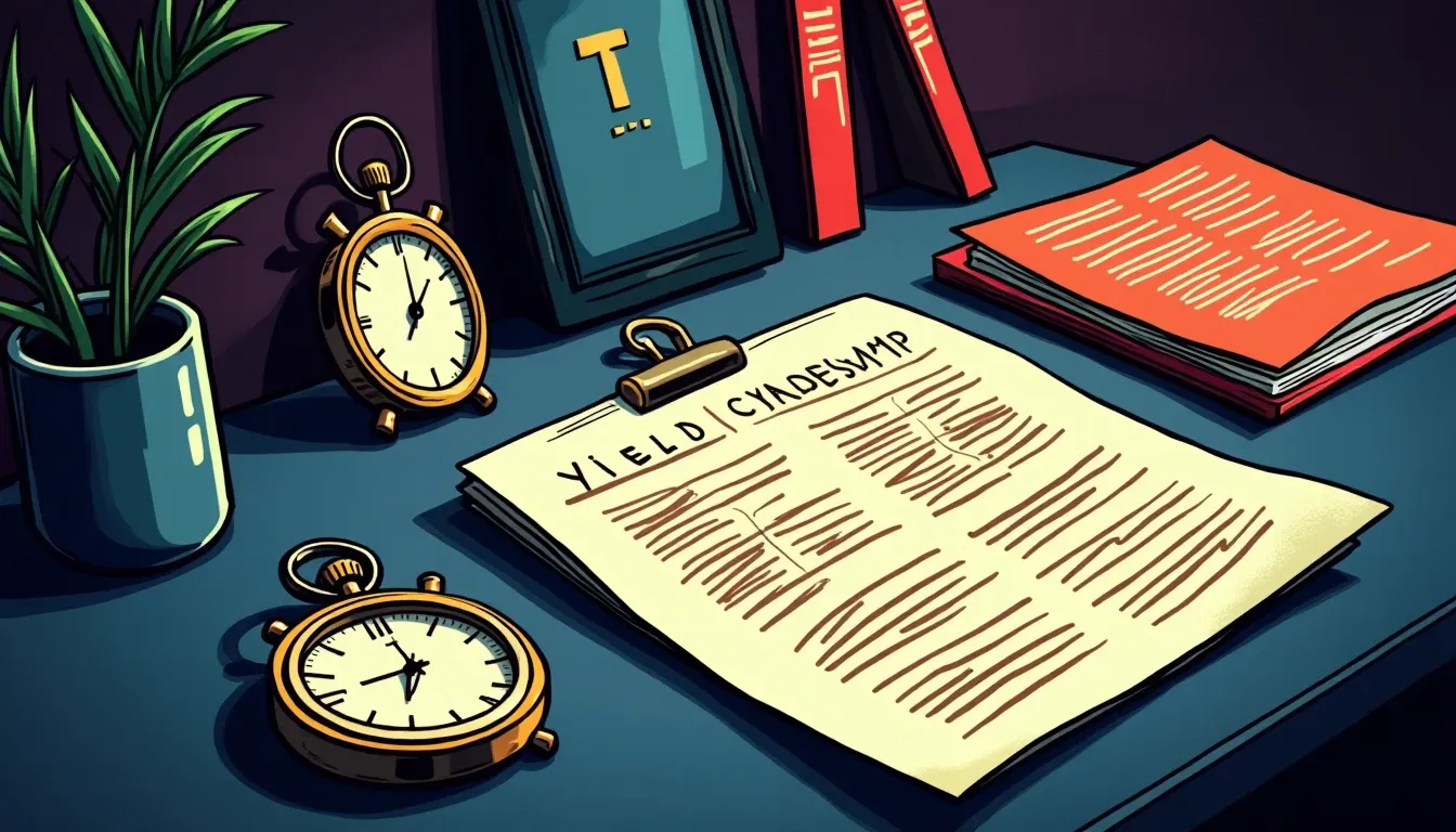 Stopwatch with blockchain timestamps and DeFi protocol documentation representing two-hour vetting process