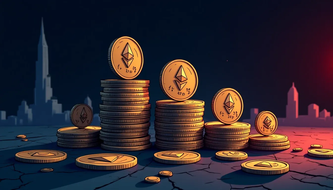 ETH coins with yield percentage markers and DeFi protocol logos representing comparative yield analysis