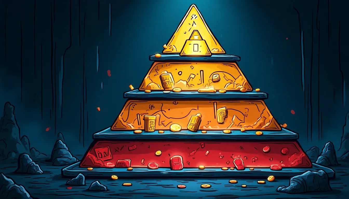Risk stack pyramid showing smart contract layer, liquidity layer, and protocol token layer in DeFi yield