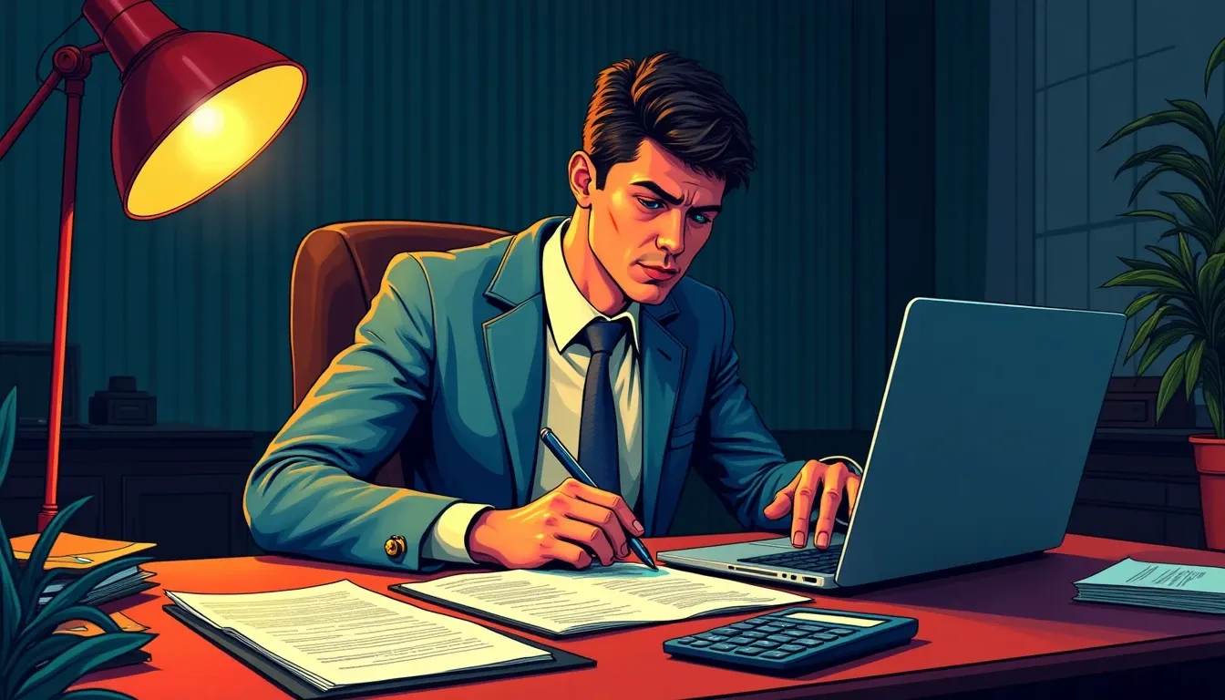 Person organizing cryptocurrency tax documents and transaction records at desk with laptop