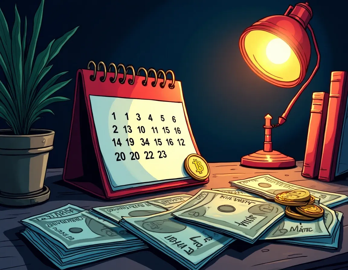 Monthly calendar with cryptocurrency coins and cash representing systematic DCA investment schedule