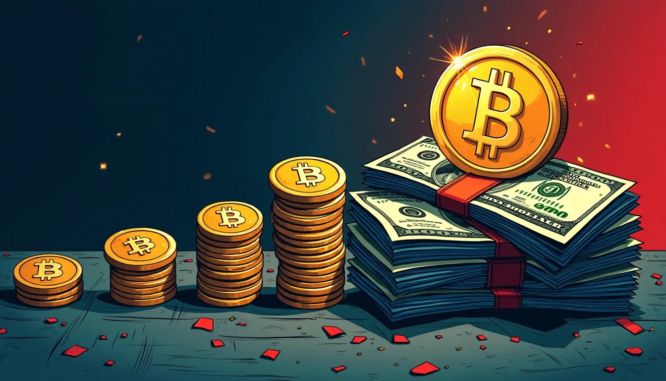 Dollar bills converting to bitcoin coins across calendar pages showing dollar cost averaging