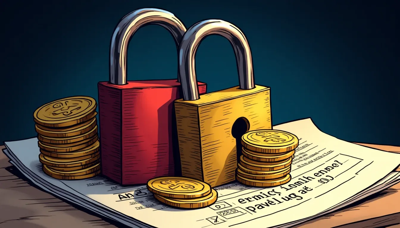 Lock mechanism on crypto coins with contract documents displaying fee percentages