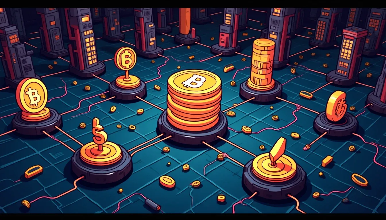 Digital network representing cryptocurrency staking infrastructure and validator nodes across exchanges