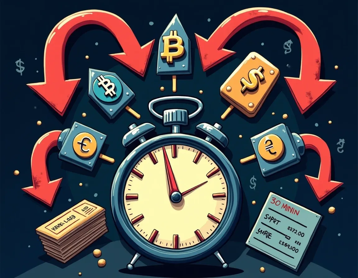 Five crypto protocol logos with downward arrows, stopwatch, and capital-weighted loss calculation sheet