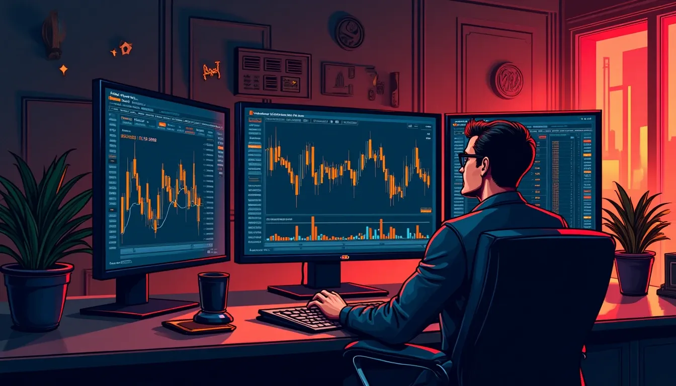 Automated trading bot screens displaying cryptocurrency market data and execution logs
