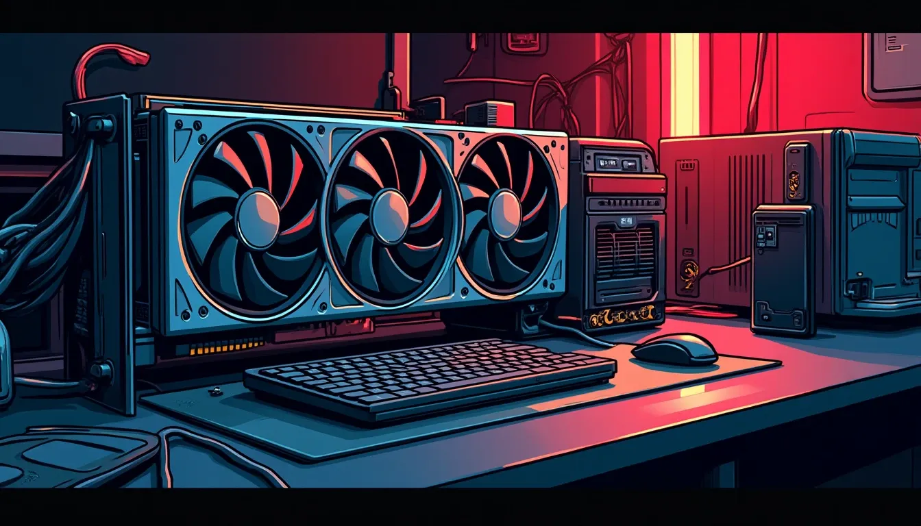 Mining hardware components and graphics cards arranged on a workbench for cryptocurrency operations