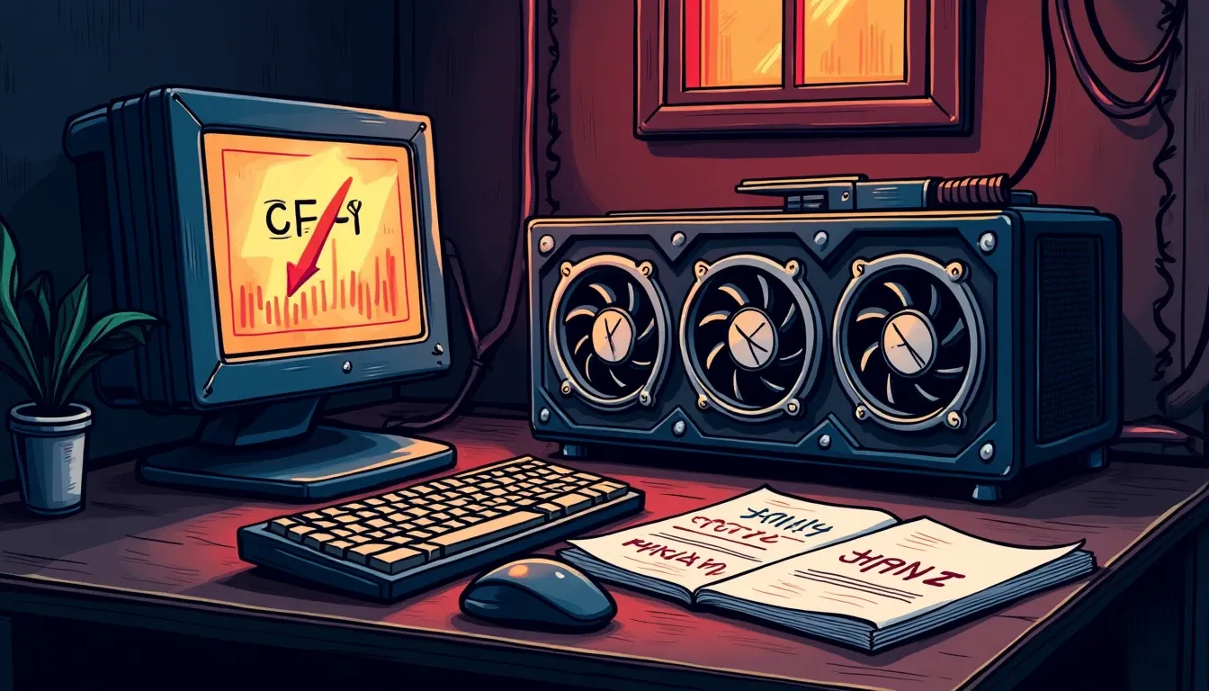 GPU mining hardware with power meter and financial calculation worksheets showing profitability formulas