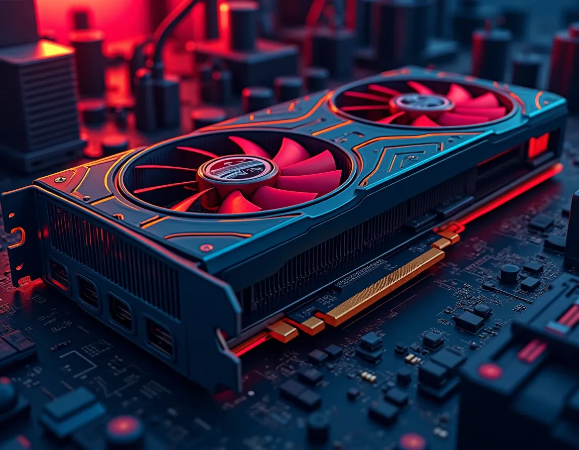 High-performance GPU graphics card showing cooling system and technical specifications