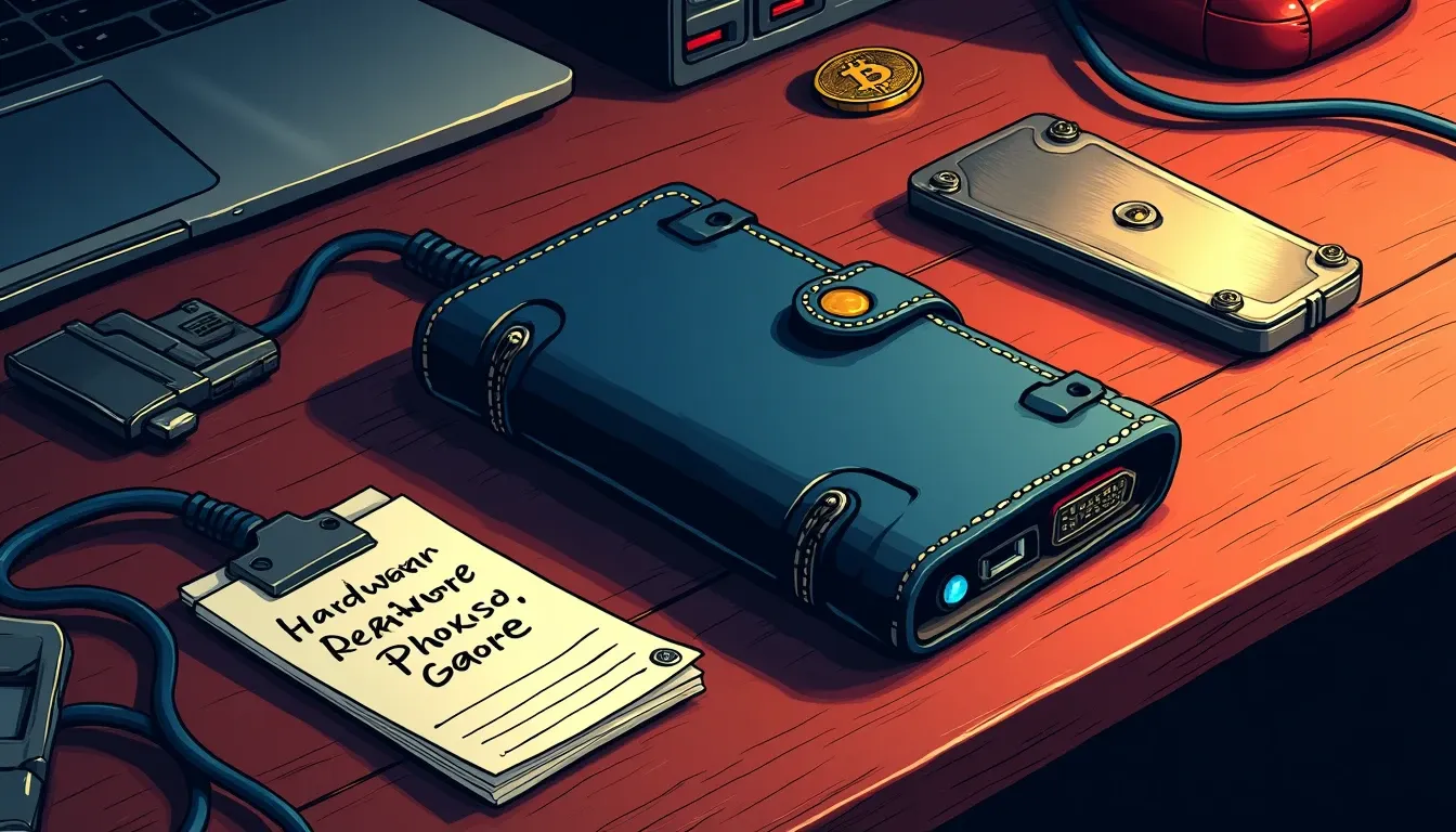 Hardware wallet with recovery phrase backup materials and connection cable