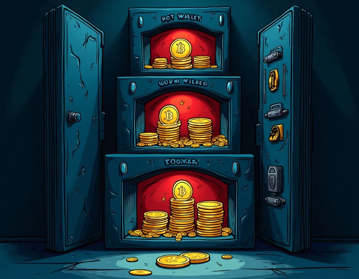 Tiered vault system showing hot, warm, and cold wallet allocation levels with token distribution