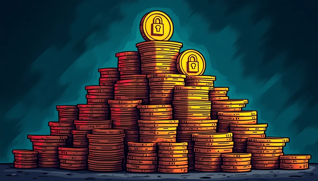Tiered pyramid showing token allocation levels with staking requirements and lock symbols