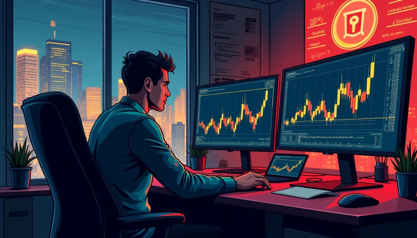 Investor reviewing token performance data on computer screens showing historical price charts