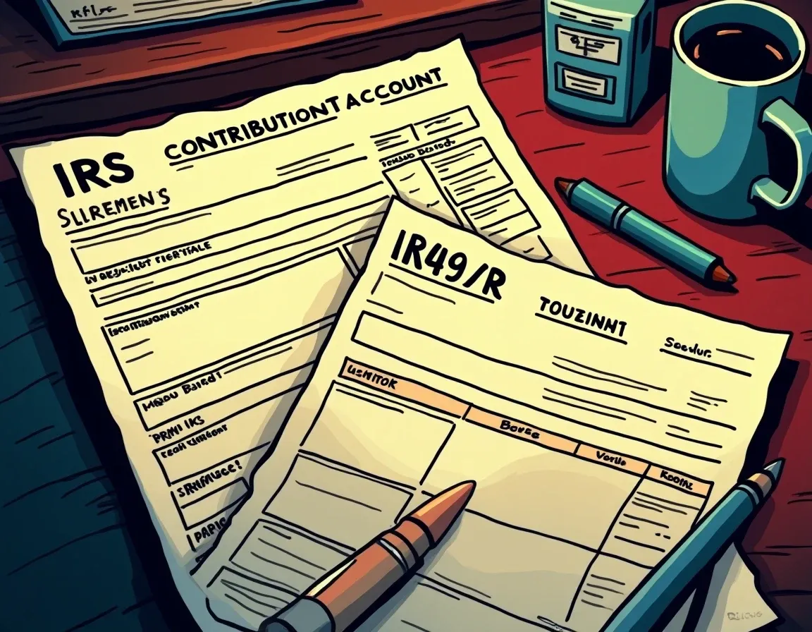 IRS Form 5498 and Form 1099-R showing traditional IRA and Roth IRA tax treatment designations