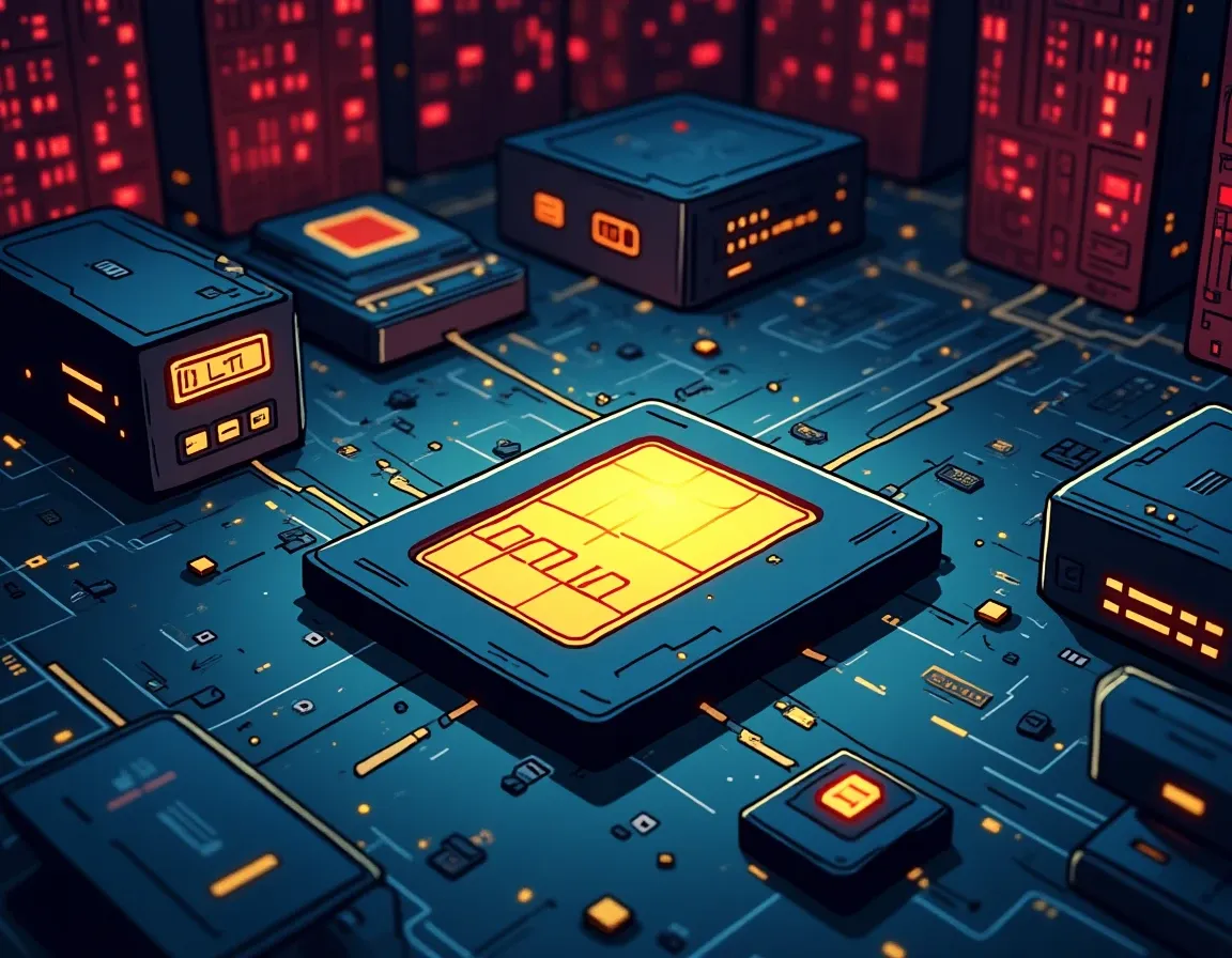 Embedded eSIM chip inside hardware wallet transmitting recovery phrase data over LTE network