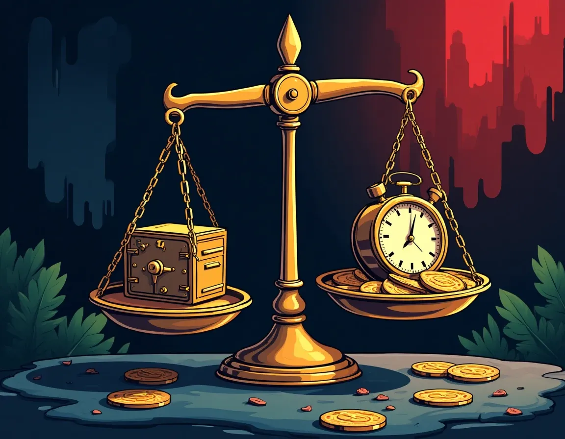 Balance scale comparing locked staking vault with chains to liquid staking token stream and time clock