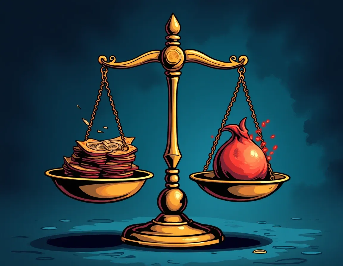 Balance scale comparing trading fee income versus impermanent loss with breakeven threshold