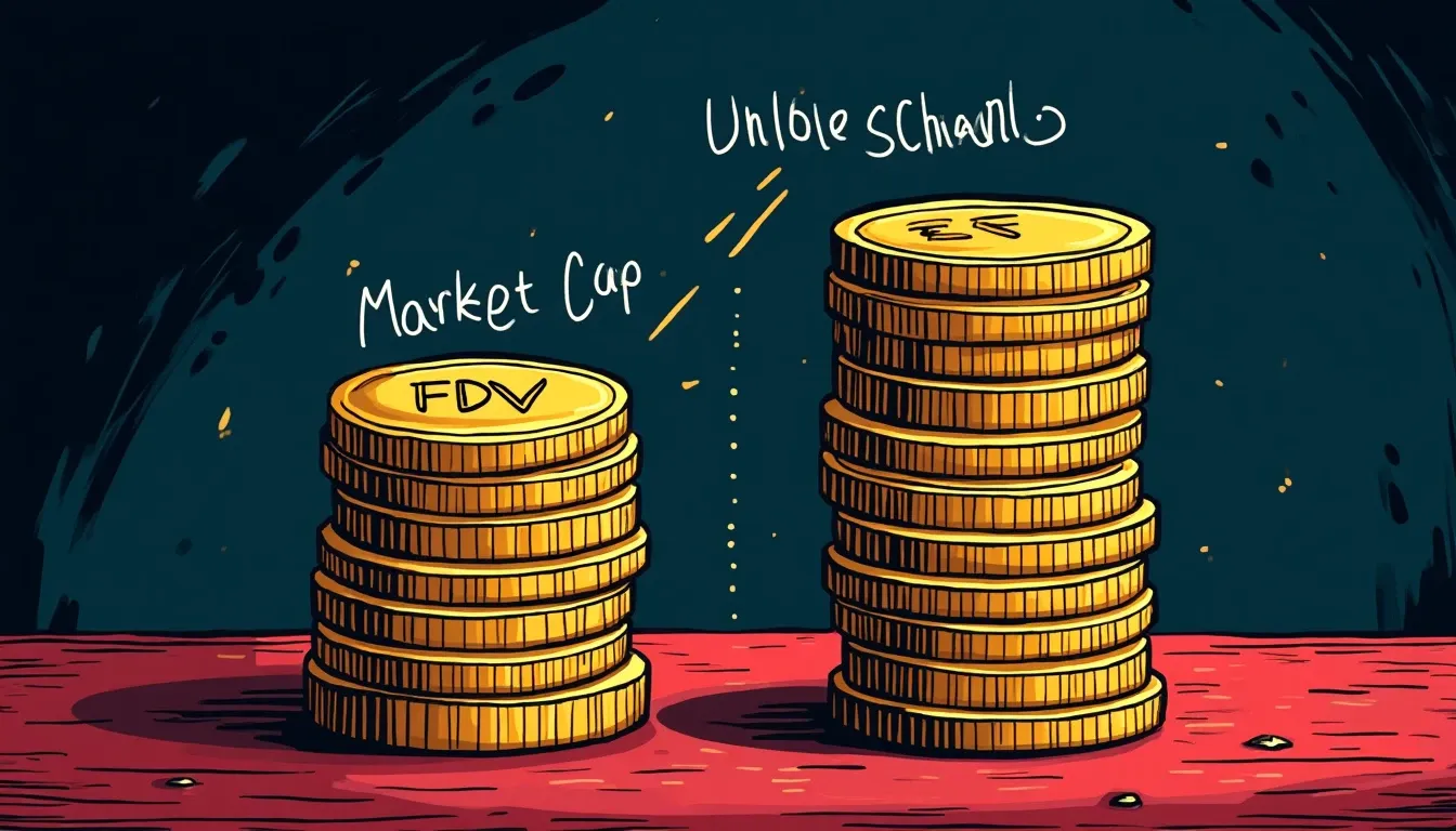Unequal coin stacks labeled Market Cap and FDV connected by token unlock timeline