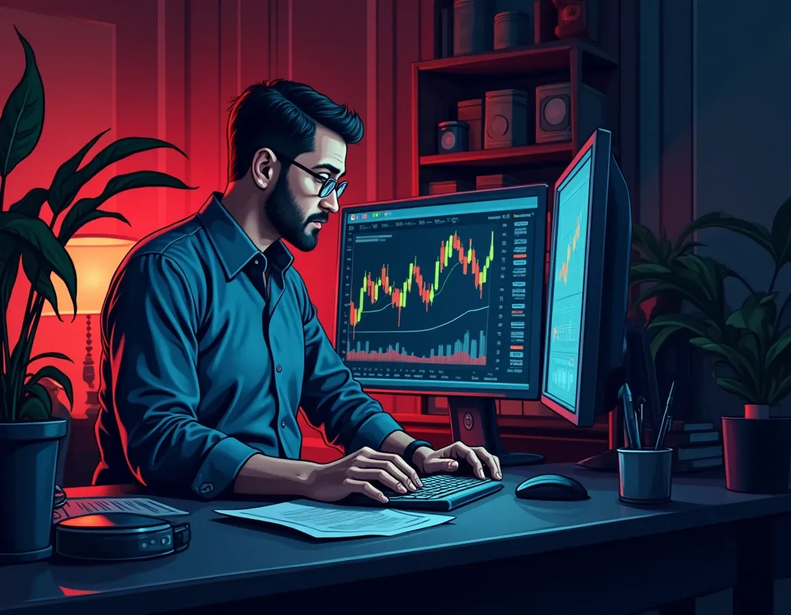 Cryptocurrency analyst comparing market cap and fully diluted valuation metrics on trading screens