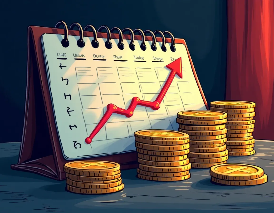 Token unlock calendar showing vesting cliffs and release milestones with stacked coins