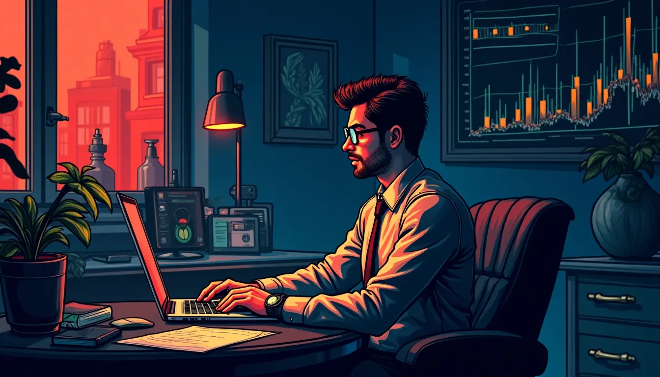 Analyst reviewing DeFi lending rates and protocol performance on laptop in office