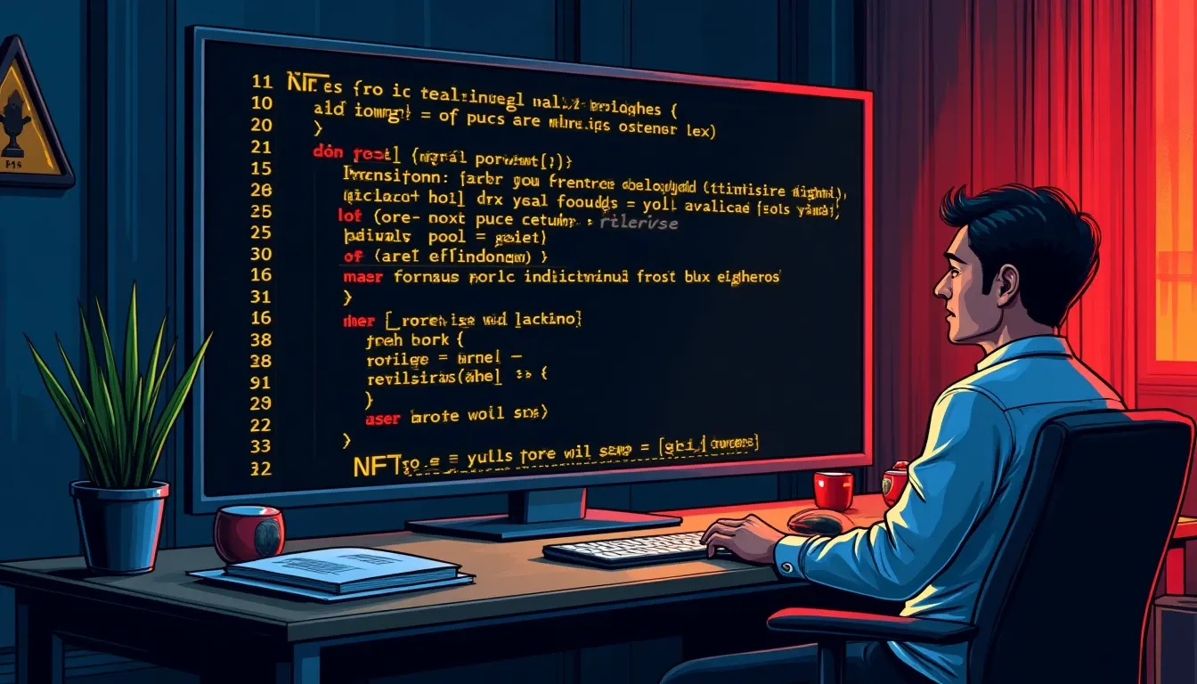 NFT smart contract showing royalty rates, staking mechanisms, and yield functions with warning indicators