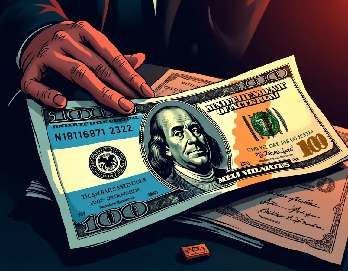 Argentine peso next to dollar stablecoin representing capital controls and tokenized equity access