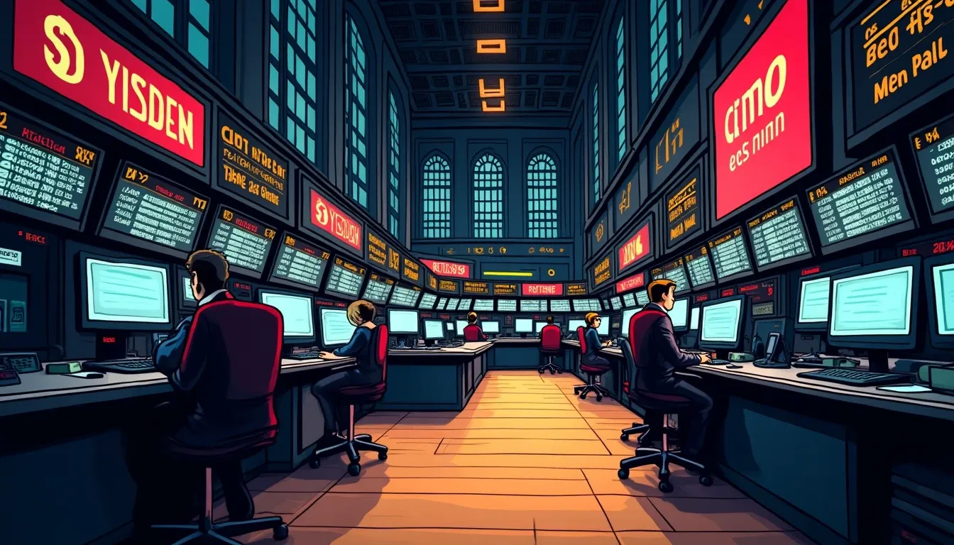 New York Stock Exchange trading floor with digital screens displaying market data