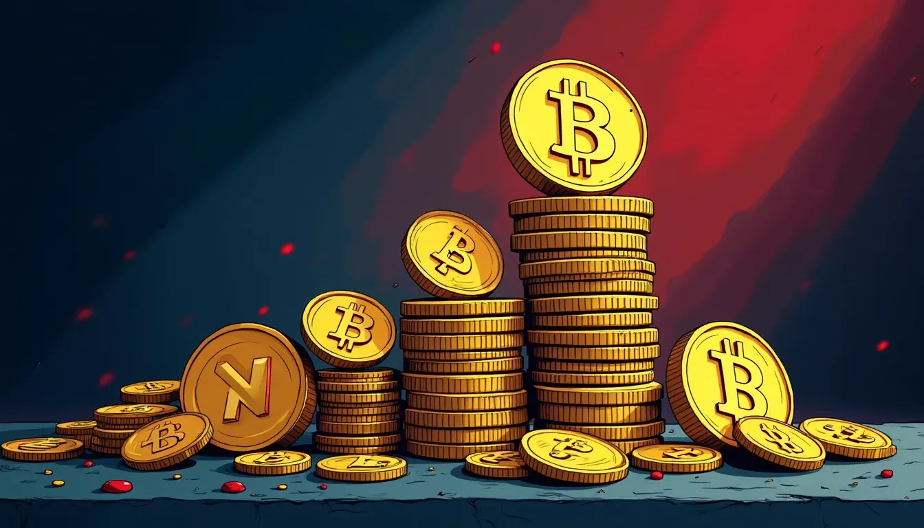 Gold coins with cryptocurrency symbols stacked in growing piles representing passive income accumulation